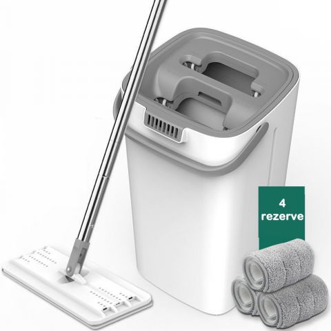 Set de curatenie mop si galeata, galeata 5.7 l, 4 rezerve microfibra incluse, design modern, pentru interior, material plastic, peri sintetici, plat, cu storcere, alb [7]