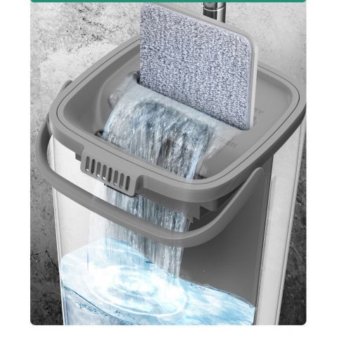 Set de curatenie mop si galeata, galeata 5.7 l, 4 rezerve microfibra incluse, design modern, pentru interior, material plastic, peri sintetici, plat, cu storcere, alb [10]