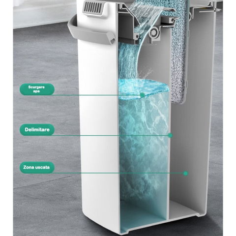 Set de curatenie mop si galeata, galeata 5.7 l, 4 rezerve microfibra incluse, design modern, pentru interior, material plastic, peri sintetici, plat, cu storcere, alb [8]