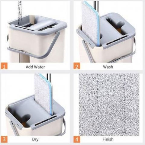 Îngrijire şi confort acasă - Set de curatenie mop si galeata, galeata 6 l, 2 rezerve microfibra incluse, design modern, pentru interior, material plastic, peri sintetici, plat, cu storcere, bej