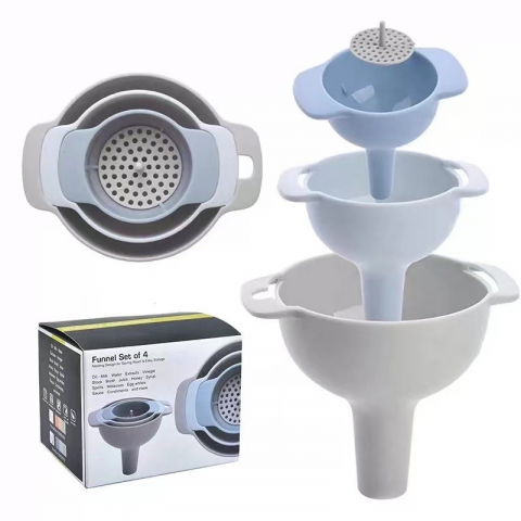 Accesorii pentru pregătirea alimentelor - Set de palnii multifunctionale + filtru, 4 in 1, din plastic, 11 x 10 cm, albastru