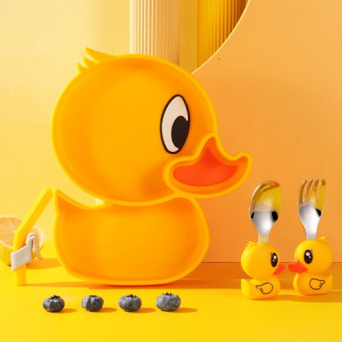 Set diversificare bebelusi  din silicon, 20 x 17.5 cm, 1 farfurie compartimentata in forma de rata, lingurita si furculita, pai, perie pai, fara alergeni, ventuza fixare,  forma creativa,  galben [8]