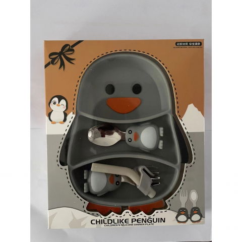 Set diversificare bebelusi  din silicon, 23.5 x 12.5 cm, 1 farfurie compartimentata in forma de pinguin, lingurita si furculita, pai, perie pai, fara alergeni, ventuza fixare,  forma creativa,  gri [8]