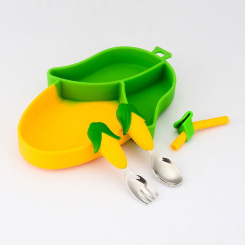 Set diversificare bebelusi  din silicon, 23.5 x 12.5 cm, 1 farfurie compartimentata in forma de porumb, lingurita si furculita, pai, perie pai, fara alergeni, ventuza fixare,  forma creativa,  galben [5]