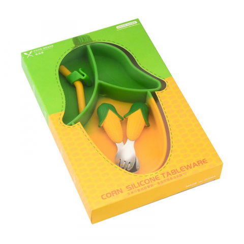 Scaune, seturi de masă și accesorii bebeluși - Set diversificare bebelusi  din silicon, 23.5 x 12.5 cm, 1 farfurie compartimentata in forma de porumb, lingurita si furculita, pai, perie pai, fara alergeni, ventuza fixare,  forma creativa,  galben