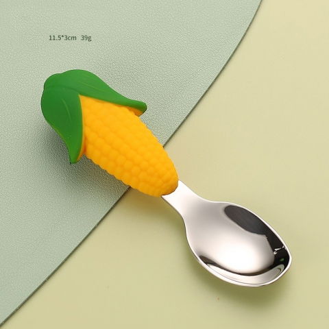 Set diversificare bebelusi  din silicon, 23.5 x 12.5 cm, 1 farfurie compartimentata in forma de porumb, lingurita si furculita, pai, perie pai, fara alergeni, ventuza fixare,  forma creativa,  galben [2]