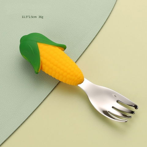 Set diversificare bebelusi  din silicon, 23.5 x 12.5 cm, 1 farfurie compartimentata in forma de porumb, lingurita si furculita, pai, perie pai, fara alergeni, ventuza fixare,  forma creativa,  galben [1]