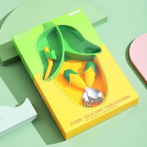 Set diversificare bebelusi  din silicon, 23.5 x 12.5 cm, 1 farfurie compartimentata in forma de porumb, lingurita si furculita, pai, perie pai, fara alergeni, ventuza fixare,  forma creativa,  galben [7]