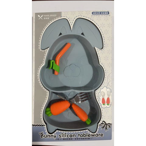 Set diversificare bebelusi  din silicon, 26 x 15 cm, 1 farfurie compartimentata in forma de iepure, lingurita si furculita, pai, perie pai, fara alergeni, ventuza fixare,  forma creativa,  bleumarin [6]