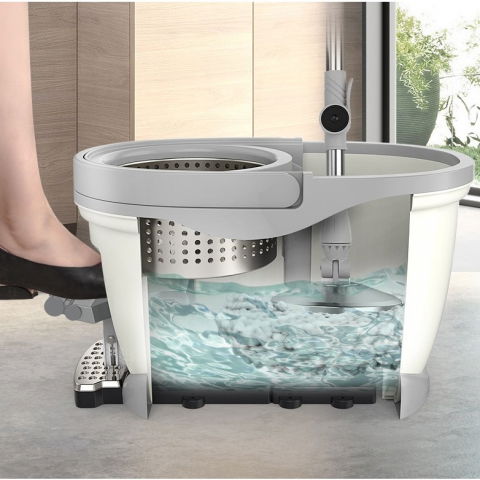 Set galeata cu pedala si mop rotativ 360°, cu actiune centrifuga x4, pentru uz casnic, maner din otel inoxidabil telescopic, 2 capte din bumbac, 46x30x28 cm, alb ivoir [2]