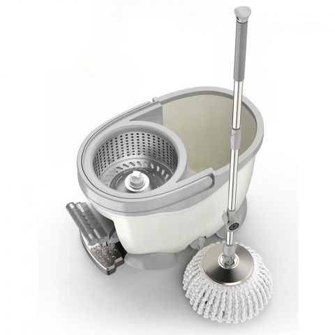 Set galeata cu pedala si mop rotativ 360°, cu actiune centrifuga x4, pentru uz casnic, maner din otel inoxidabil telescopic, 2 capte din bumbac, 46x30x28 cm, alb ivoir [1]