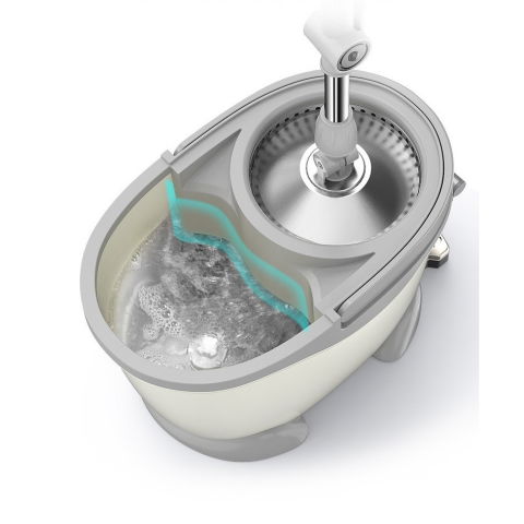 Set galeata cu pedala si mop rotativ 360°, cu actiune centrifuga x4, pentru uz casnic, maner din otel inoxidabil telescopic, 2 capte din bumbac, 46x30x28 cm, alb ivoir [5]