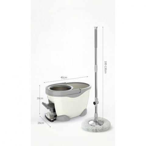 Set galeata cu pedala si mop rotativ 360°, cu actiune centrifuga x4, pentru uz casnic, maner din otel inoxidabil telescopic, 2 capte din bumbac, 46x30x28 cm, alb ivoir [6]