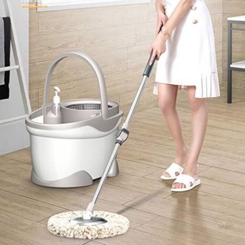 Set galeata si mop rotativ 360°, cu dubla actiune centrifuga, pentru uz casnic, maner din otel inoxidabil telescopic, 2 capte din bumbac, 46x27x29 cm, alb [3]