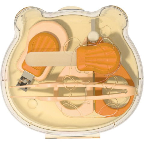 Igienă, baie și accesorii bebeluși şi copii - Set ingrijire unghii pentru bebelusi, cutie de depozitare in forma de ursulet, 10 x 9.5 cm, galben