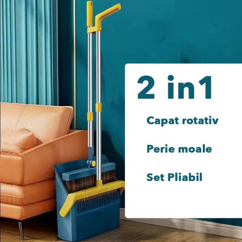 Set matura si faras cu coada cu dinti de pieptene pentru curatare matura, rotativ, pliabil, detasabil, otel inoxidabil si polipropilena, 99 x 30 cm albastru [1]