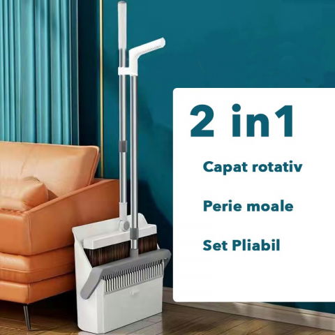 Set matura si faras cu coada cu dinti de pieptene pentru curatare matura, rotativ, pliabil, detasabil, otel inoxidabil si polipropilena, 99 x 30 cm gri [1]