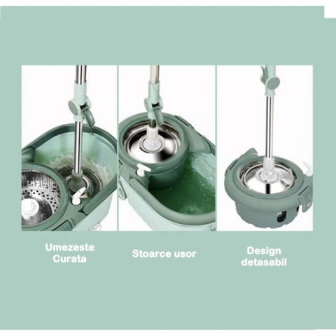 Set mop rotativ cu galeata material plastic si microfibra, o rezerva inclusa, rezistent, cu dop scurgere, vas detasabil, orificiu pentru solutie, pentru interior, capacitate 8 l, verde [1]