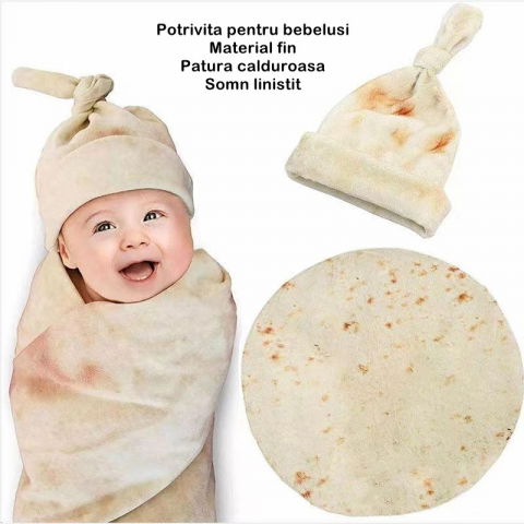 Set patura flanel si caciula  forma lipie, pentru nou-nascuti, material poliester, 85 cm, crem [5]