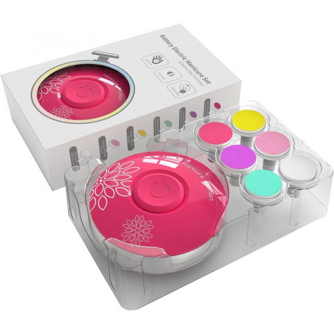 Set pila electrica pentru copii si bebelusi, abs, incarcare usb, model cu flori, 6 accesorii, cu lumina led, fucsia [1]