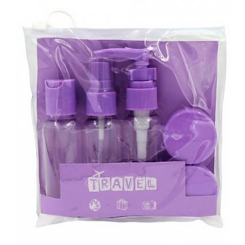Genti, organizatoare şi accesorii voiaj - Set recipiente pentru cosmetice, 5 piese, cu gentuta, pentru calatorii, reutilizabile, mov, material plastic, 40 ml, 10g