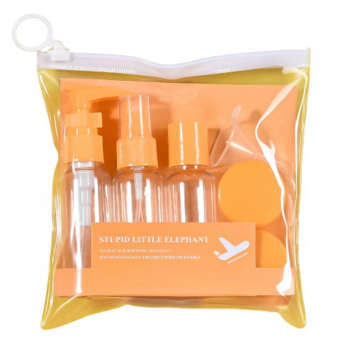 Genti, organizatoare şi accesorii voiaj - Set recipiente pentru cosmetice, 5 piese, cu gentuta, pentru calatorii, reutilizabile, portocaliu, material plastic, 40 ml, 10g