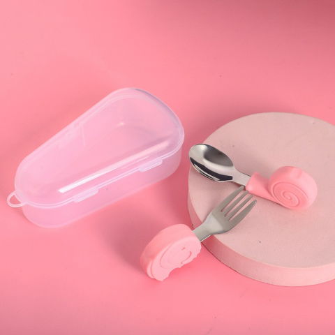 Set tacamuri pentru bebelusi, lingura si furculita, inox/silicon, 1- 3 ani, model cu animale, multicolor [1]