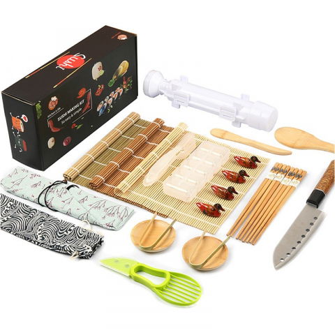 Accesorii și ustensile in bucatarie - Set ustensile pentru sushi, set din 24 accesorii pentru sushi, set pentru sushi home made, cutit inclus, forme, betisoare, multicolor