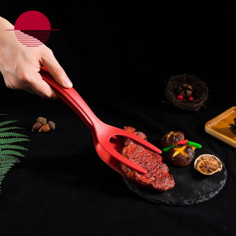 Spatula multifunctionala tip cleste, spatula cleste pentru gatit, silicon pp, pentru alimente, carne, paine, 31 x 8.5 cm rosu [2]