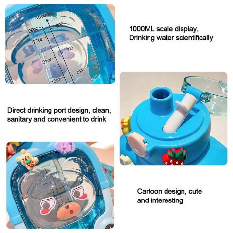 Sticla cu pai pentru copii, model ursulet, gradata, stickere aplicate, curea reglabila, din plastic rezistent la cadere, 1l, albastru, 20 x 13 cm [4]