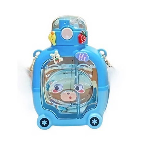 Îngrijire, transport și organizare pentru bebeluși și copii - Sticla cu pai pentru copii, model ursulet, gradata, stickere aplicate, curea reglabila, din plastic rezistent la cadere, 1l, albastru, 20 x 13 cm