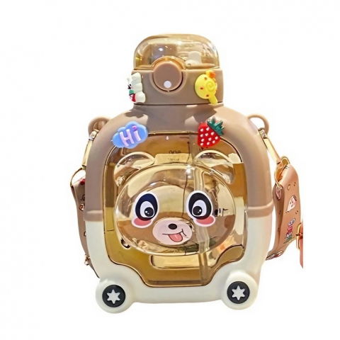Genti, organizatoare şi accesorii voiaj - Sticla cu pai pentru copii, model ursulet, gradata, stickere aplicate, curea reglabila, din plastic rezistent la cadere, 1l, maro, 20 x 13 cm