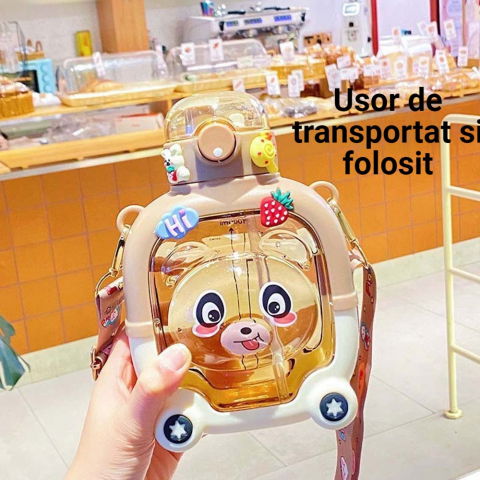 Sticla cu pai pentru copii, model ursulet, gradata, stickere aplicate, curea reglabila, din plastic rezistent la cadere, 1l, maro, 20 x 13 cm [4]