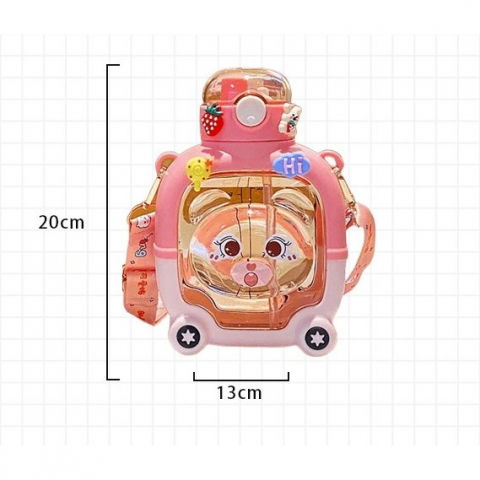 Sticla cu pai pentru copii, model ursulet, gradata, stickere aplicate, curea reglabila, din plastic rezistent la cadere, 1l, roz, 20 x 13 cm [4]