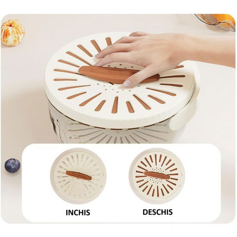 Strecuratoare 2 in 1 pentru fructe si legume, cos de scurgere si cutie de depozitare, 15.5 x 8.3 cm, din pp, cu maner si capac, maro [2]