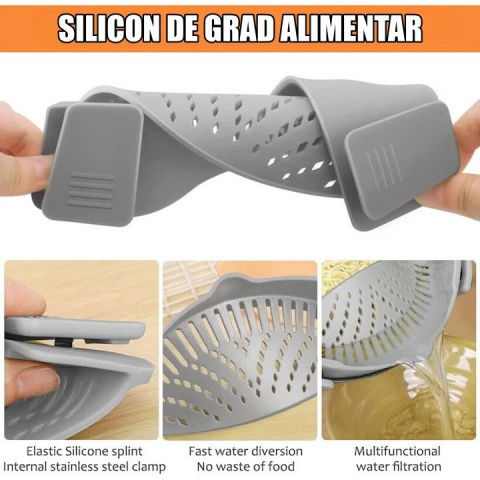 Strecurator filtru pentru vase, din silicon rezistent la temperaturi inalte, universal, paste, legume, fructe, 23x12.5x6.7 cm, gri [5]