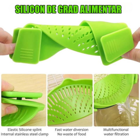 Strecurator filtru pentru vase, din silicon rezistent la temperaturi inalte, universal, paste, legume, fructe, 23x12.5x6.7 cm verde [4]