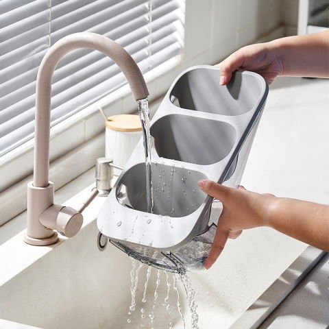 Suport - organizator pentru tacamuri, 3 compartimente, suport pentru cosmetica, ustensile, material pp durabil, 33 x 16 x 15 cm gri [1]