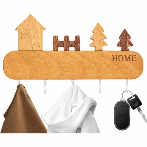 Suport pentru chei, din lemn, aplicare fara perforare, adeziv inclus, 5 carlige albe, model casuta, greutate suportata 5 kg, 13.5 x 23 cm, maro [6]