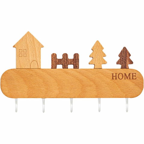 Suport pentru chei, din lemn, aplicare fara perforare, adeziv inclus, 5 carlige albe, model casuta, greutate suportata 5 kg, 13.5 x 23 cm, maro