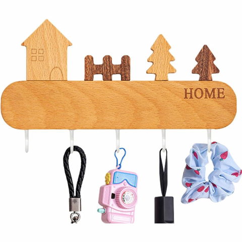 Suport pentru chei, din lemn, aplicare fara perforare, adeziv inclus, 5 carlige albe, model casuta, greutate suportata 5 kg, 13.5 x 23 cm, maro [2]