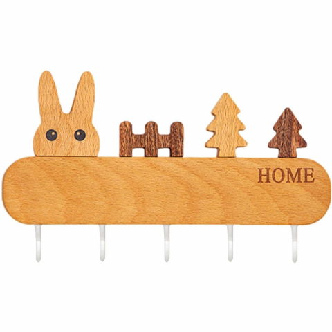 Suport pentru chei, din lemn, aplicare fara perforare, adeziv inclus, 5 carlige albe, model iepure, greutate suportata 5 kg, 13.5 x 22 cm, maro [7]