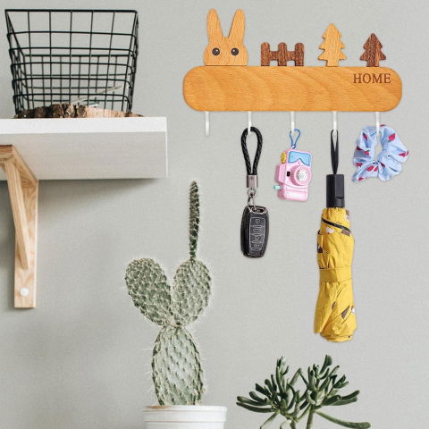 Suport pentru chei, din lemn, aplicare fara perforare, adeziv inclus, 5 carlige albe, model iepure, greutate suportata 5 kg, 13.5 x 22 cm, maro [6]