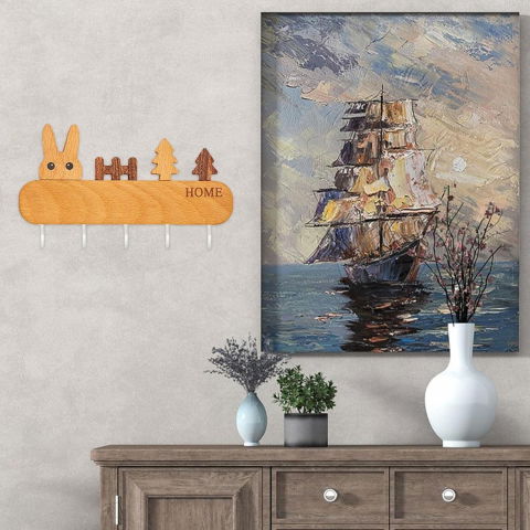 Suport pentru chei, din lemn, aplicare fara perforare, adeziv inclus, 5 carlige albe, model iepure, greutate suportata 5 kg, 13.5 x 22 cm, maro [5]