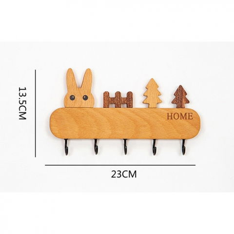 Suport pentru chei, din lemn, aplicare fara perforare, adeziv inclus, 5 carlige negre, model iepure, greutate suportata 5 kg, 13.5 x 22 cm, maro [1]