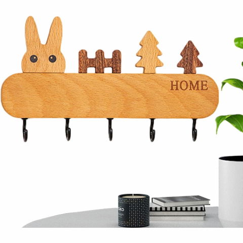 Suport pentru chei, din lemn, aplicare fara perforare, adeziv inclus, 5 carlige negre, model iepure, greutate suportata 5 kg, 13.5 x 22 cm, maro [4]