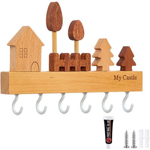 Suport pentru chei, din lemn, aplicare fara perforare, adeziv inclus, 6 carlige albe, model casuta, greutate suportata 5 kg, 14.5 x 2 x 22.5 cm, maro [3]