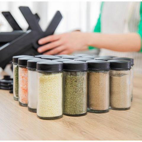 Suport pentru condimente rotativ, multifunctional, pivotant 360°, portabil, usor de montat, 34x23 cm, abs/sticla, negru [14]