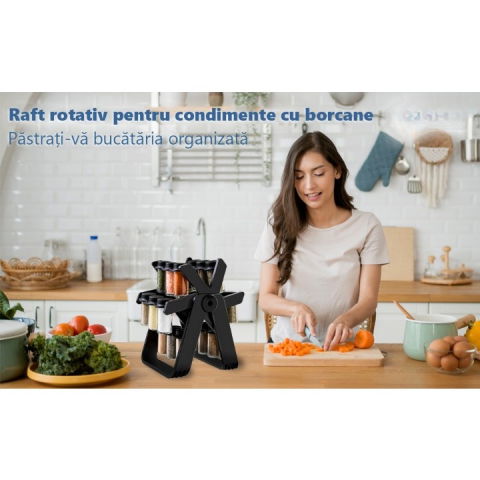 Suport pentru condimente rotativ, multifunctional, pivotant 360°, portabil, usor de montat, 34x23 cm, abs/sticla, negru [4]