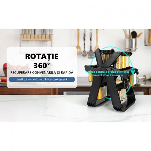 Suport pentru condimente rotativ, multifunctional, pivotant 360°, portabil, usor de montat, 34x23 cm, abs/sticla, negru [6]